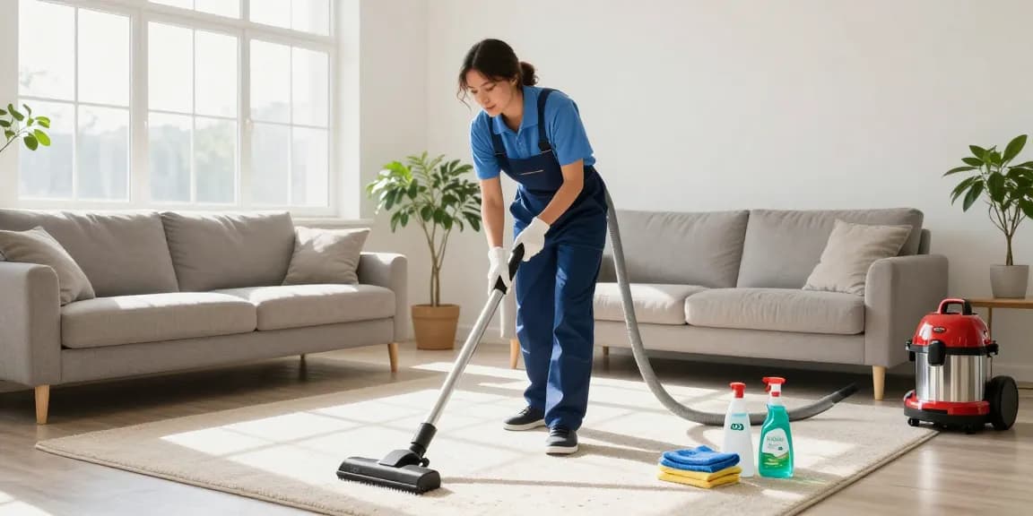Professional cleaner performing cleaning services showcasing a reinigung offerte in a bright living room.