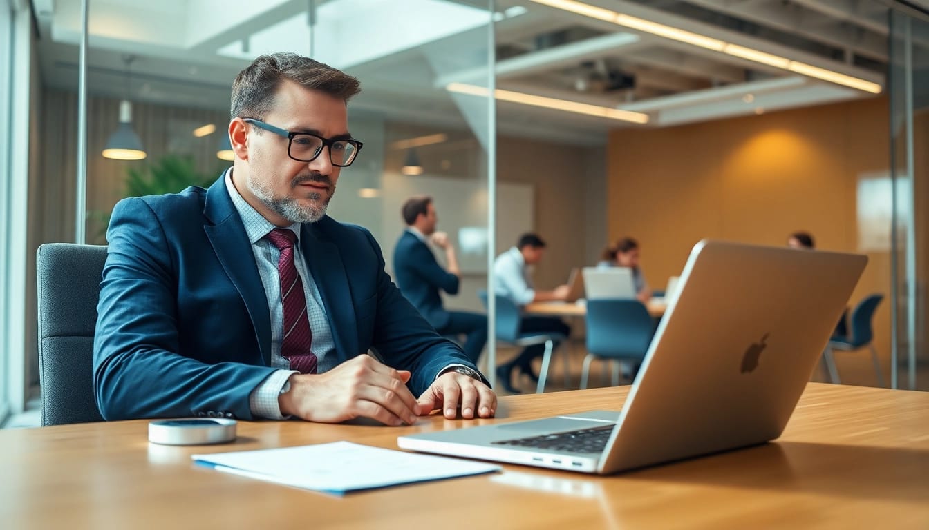 Headhunter IT analysiert Kandidatendaten in modernem Büro mit IT-Profis im Hintergrund.