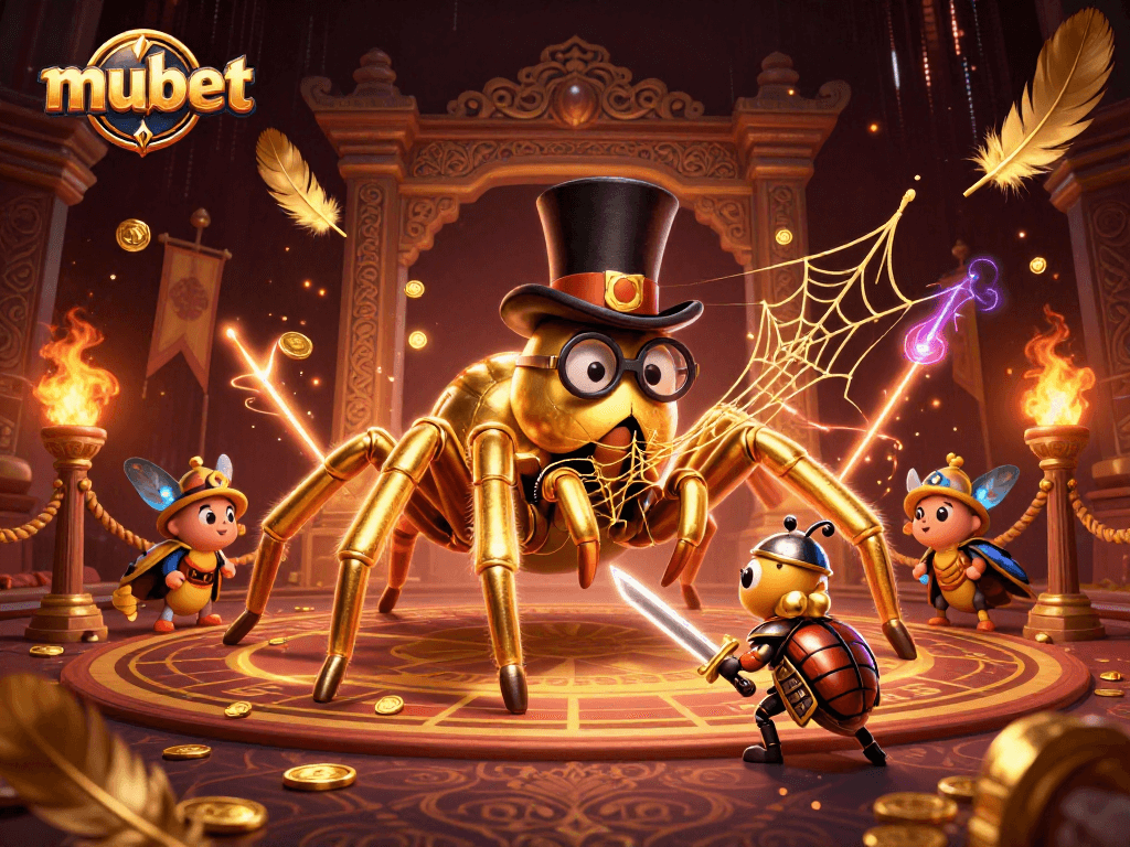 Engage with mubet's vibrant atmosphere, featuring a golden tarantula and tiny knight amidst casino excitement.