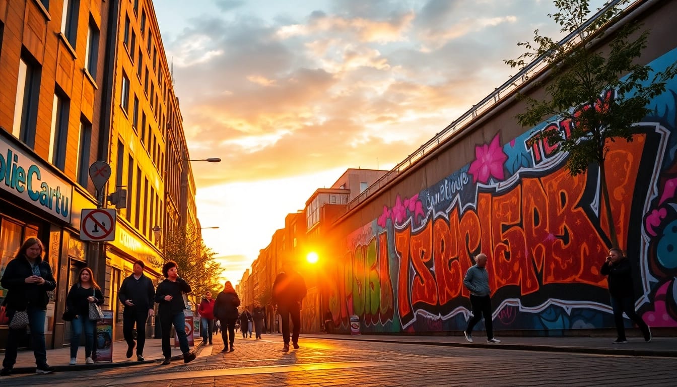 Begeisterte Passanten am Graffiti Düsseldorf bewundernfarbige Wandkunst in der Kiefernstraße.