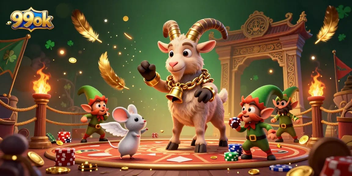 Experience the thrilling casino chaos at 99ok with a festive Krampus goat amidst playful gremlins