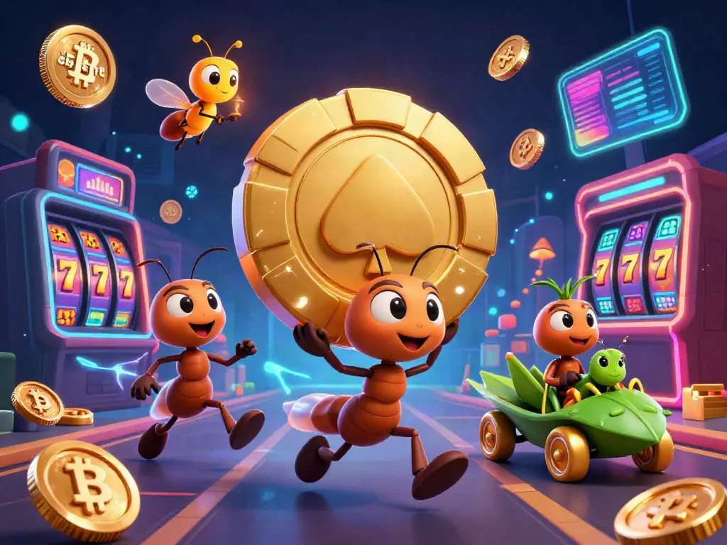 Engage with link slot in a vibrant 3D illustration of ants executing a heist in a casino.