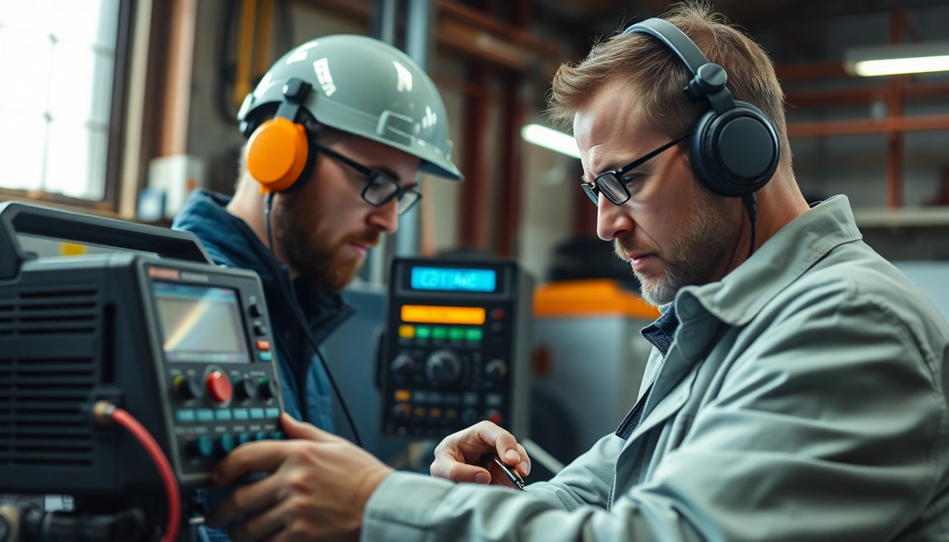 Elektriker bei der DGUV V3 Prüfung elektrischer Geräte in einer modernen Werkstatt.