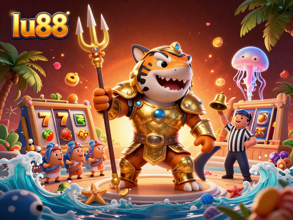 Experience excitement at lu88 with a fierce tiger shark in gladiator armor leading an underwater gaming spectacle.