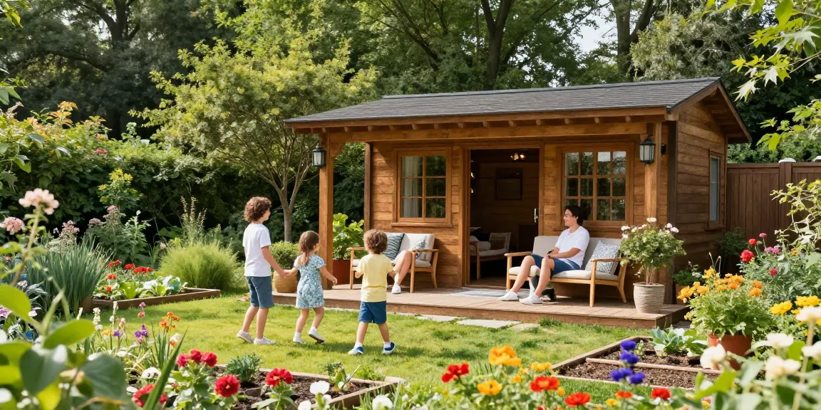 Wunderschönes Gartenhaus umgeben von bunten Blumen und spielenden Kindern im Garten, ideal für Gartenliebhaber und Familien.