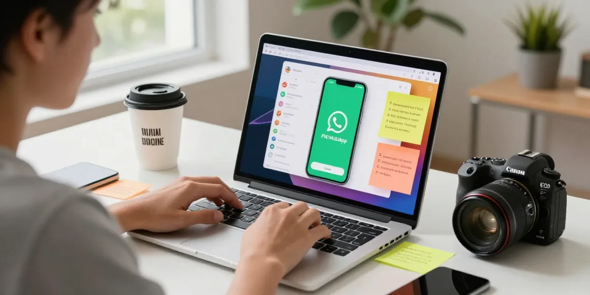 Engaging workspace scene with FM WhatsApp customization on a laptop, showcasing vibrant themes and creative setup.