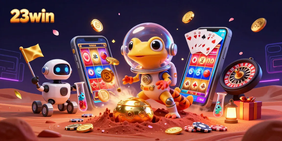 Spin to win at 23win's golden casino, featuring vibrant gaming elements and an adventurous Martian gecko.