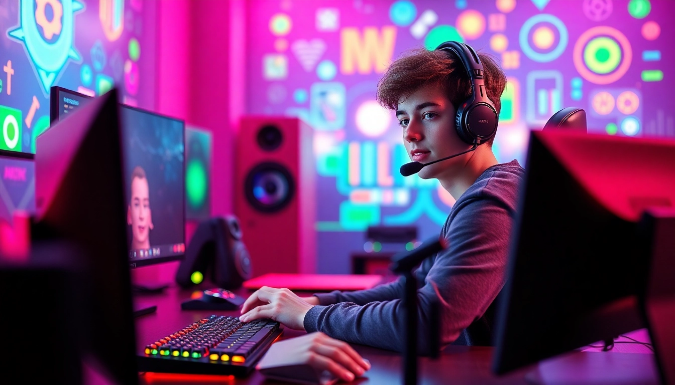Twitch Streamer Österreich in an energetic gaming setup with LED lights and vibrant graphics.
