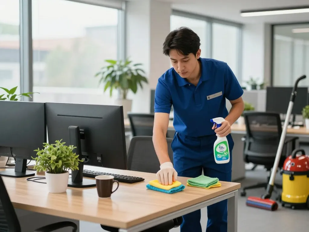 Büro-Reinigungsdienst in Münster, dargestellt mit einem professionellen Reinigungskraft, der ein makelloses Büroumfeld sicherstellt und umweltfreundliche Reinigungspraktiken zeigt.