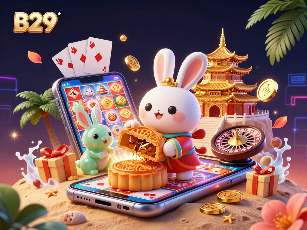 B29 moon rabbit engages in fun casino games, revealing poker chips, amidst vibrant gaming elements.