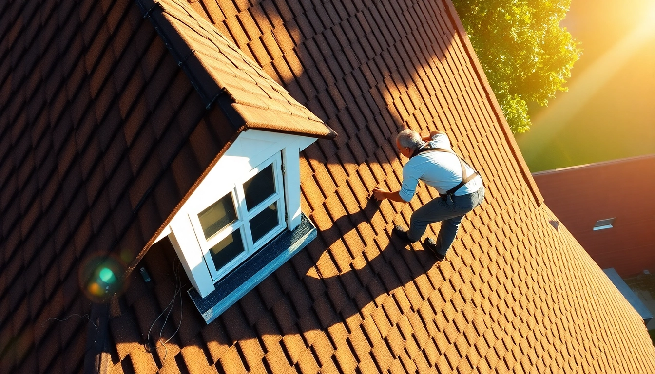Dachdecker in Münster meticulously installing new roof shingles under bright sunlight.