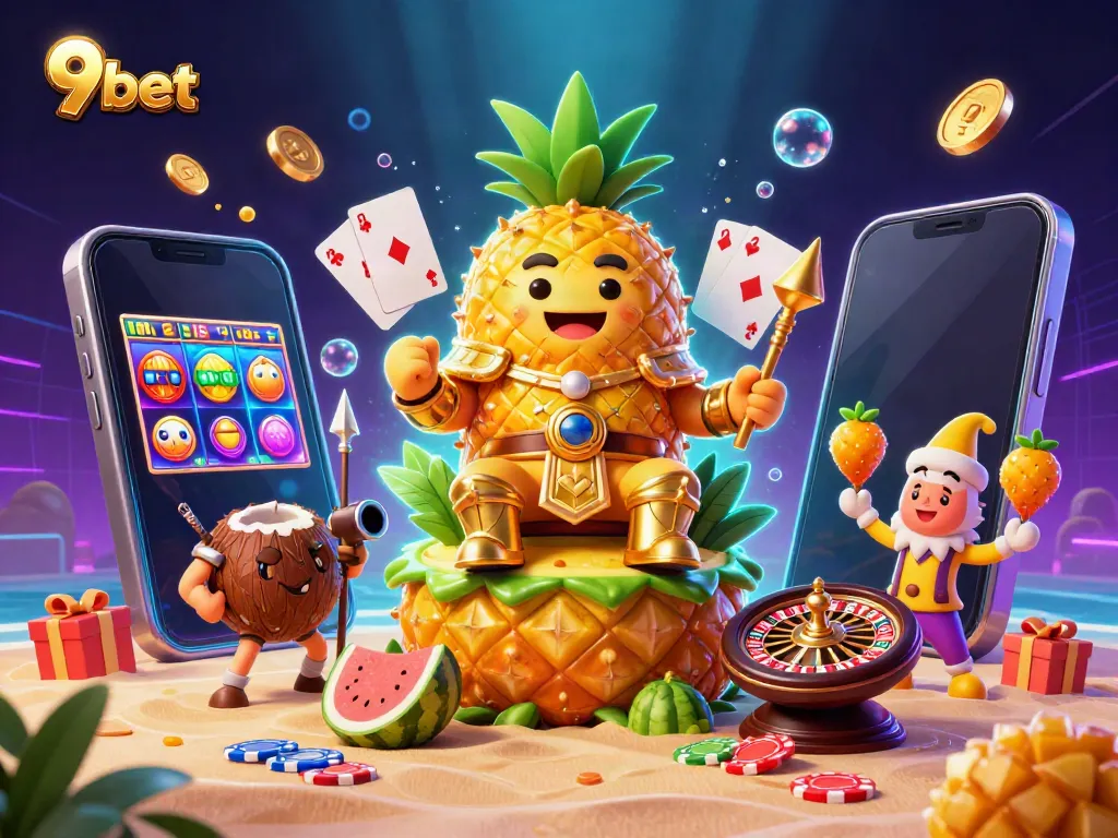 Experience big wins with 9bet in a vibrant casino scene featuring a pineapple king and gaming elements.