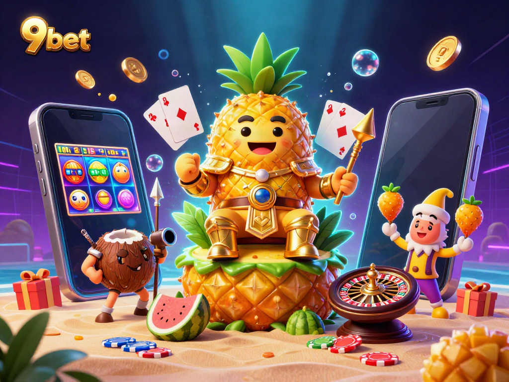Experience big wins with 9bet in a vibrant casino scene featuring a pineapple king and gaming elements.