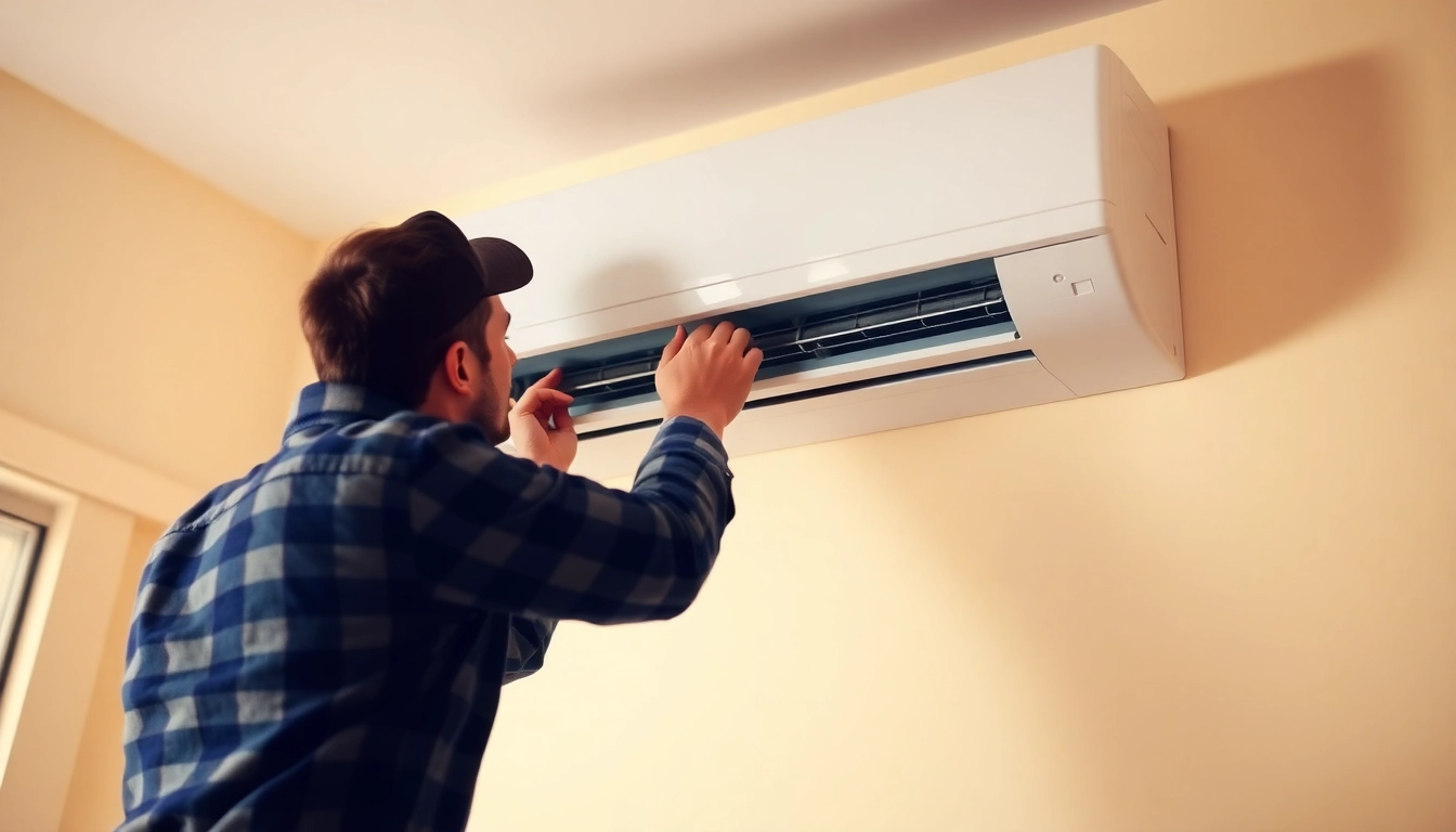Technician professionally Klima installieren a modern split air conditioning unit in a bright living space.