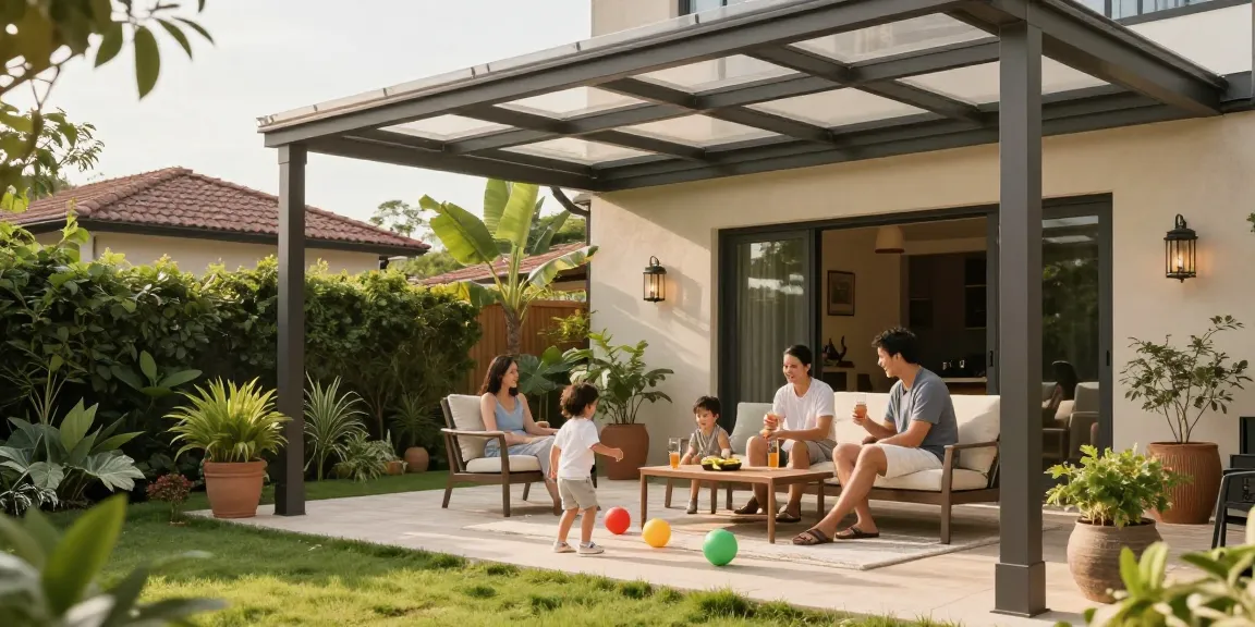 Familie genießt Zeit unter einer modernen Terrassenüberdachung im Garten.