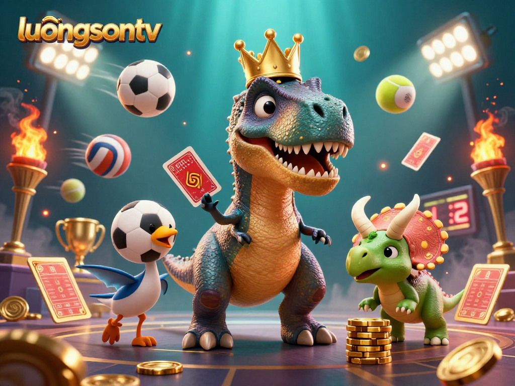 Experience thrilling moments with luongsontv as a T-Rex shuffles cards and friends stack golden chips.