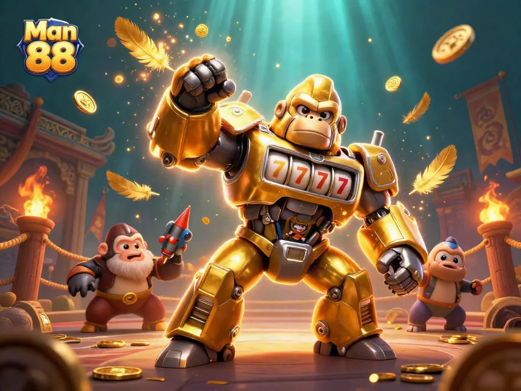 Experience the thrill of gambling with Man 88, where a golden gorilla mech brings luck and excitement.