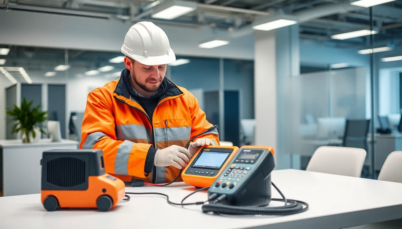 Techniker führt eine DGUV V3 Prüfung an elektrischen Geräten durch, um die Sicherheit zu gewährleisten.