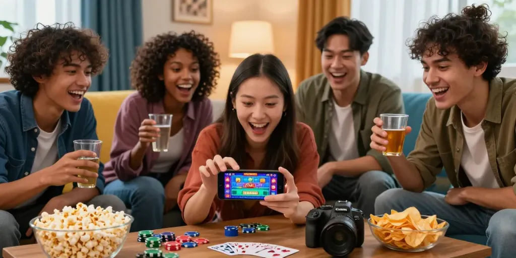 Neue mobile Casinos 2026: Freunde spielen gemeinsam ein aufregendes Online-Casino-Spiel auf einem Smartphone in einem lebhaften Wohnraum.