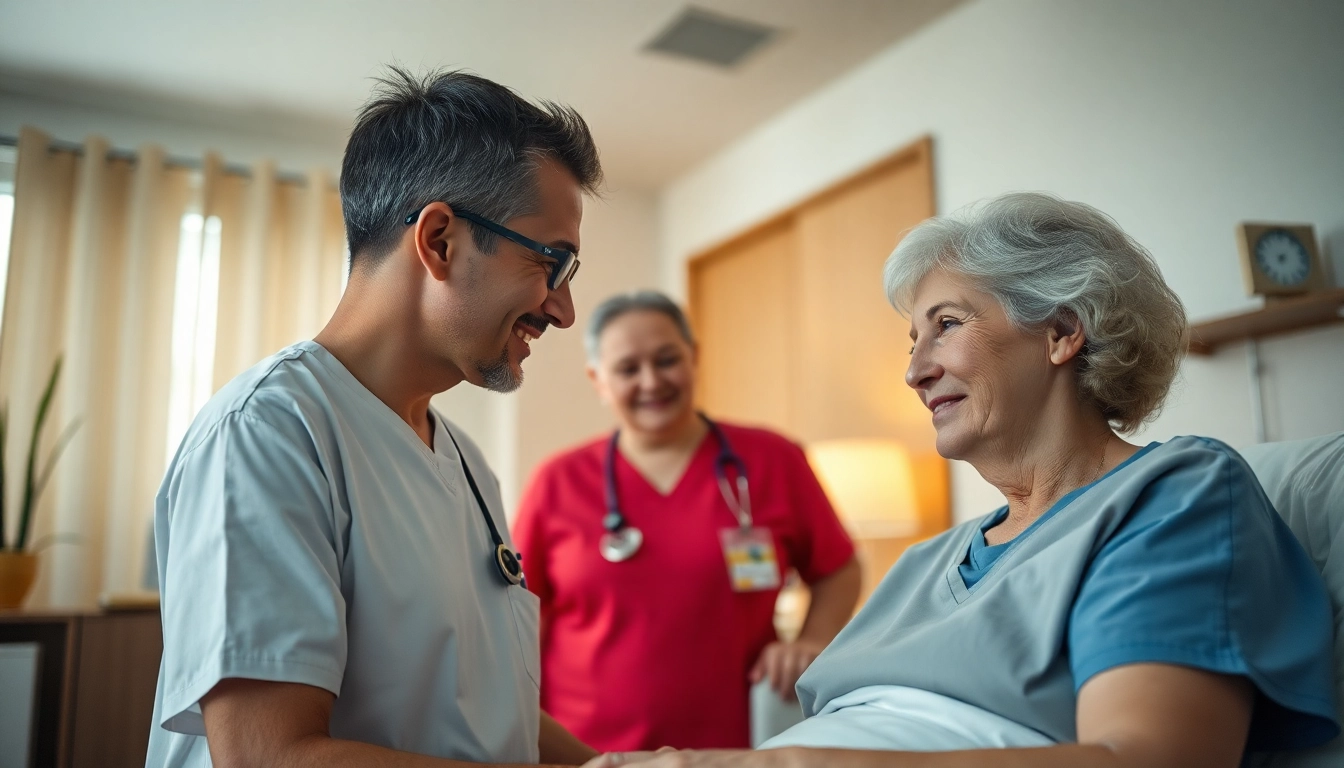 Intensivpflege Hameln: Pflegepersonal hilft einem Patienten in einer einladenden und hellen Umgebung.
