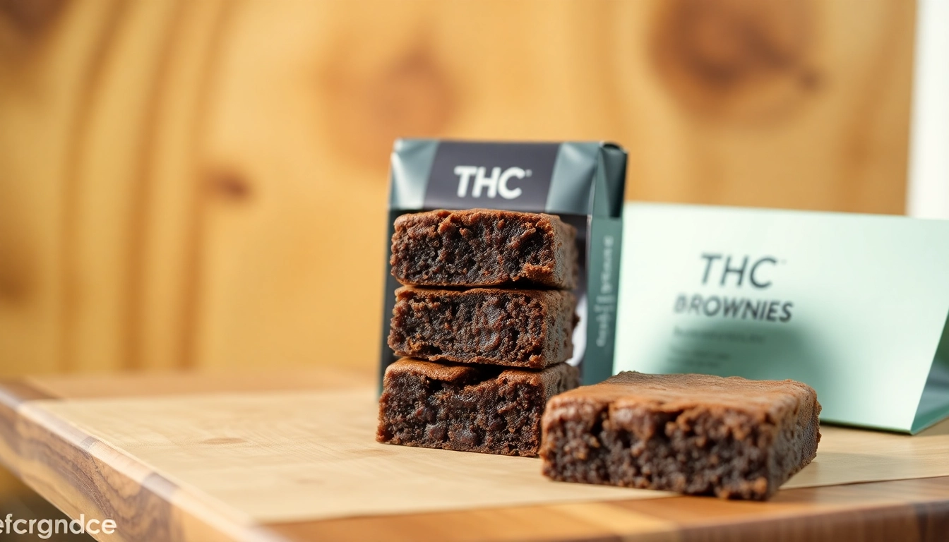 Genießen Sie köstliche THC Brownies, frisch gebacken und elegant präsentiert auf einem Holzuntergrund.