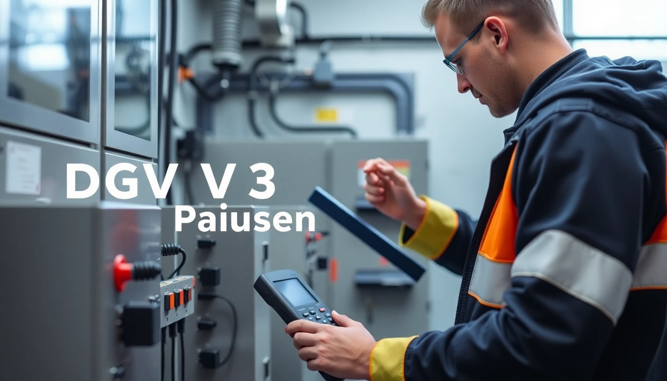Technician performing DGUV V3 Prüfung on electrical equipment, ensuring workplace safety and compliance.