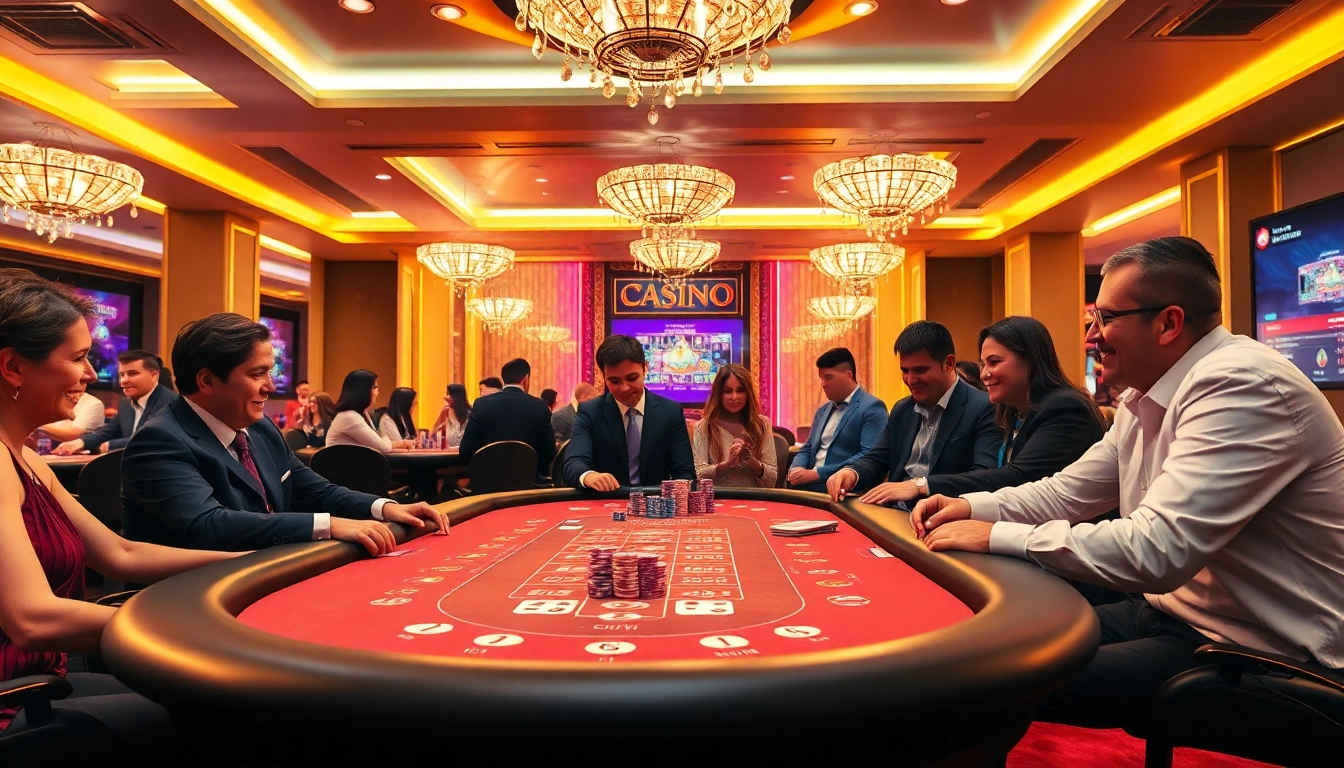 Genießen Sie das aufregende Erlebnis im online casino schweiz mit Spielern, Karten und Chips in einem eleganten Raum.