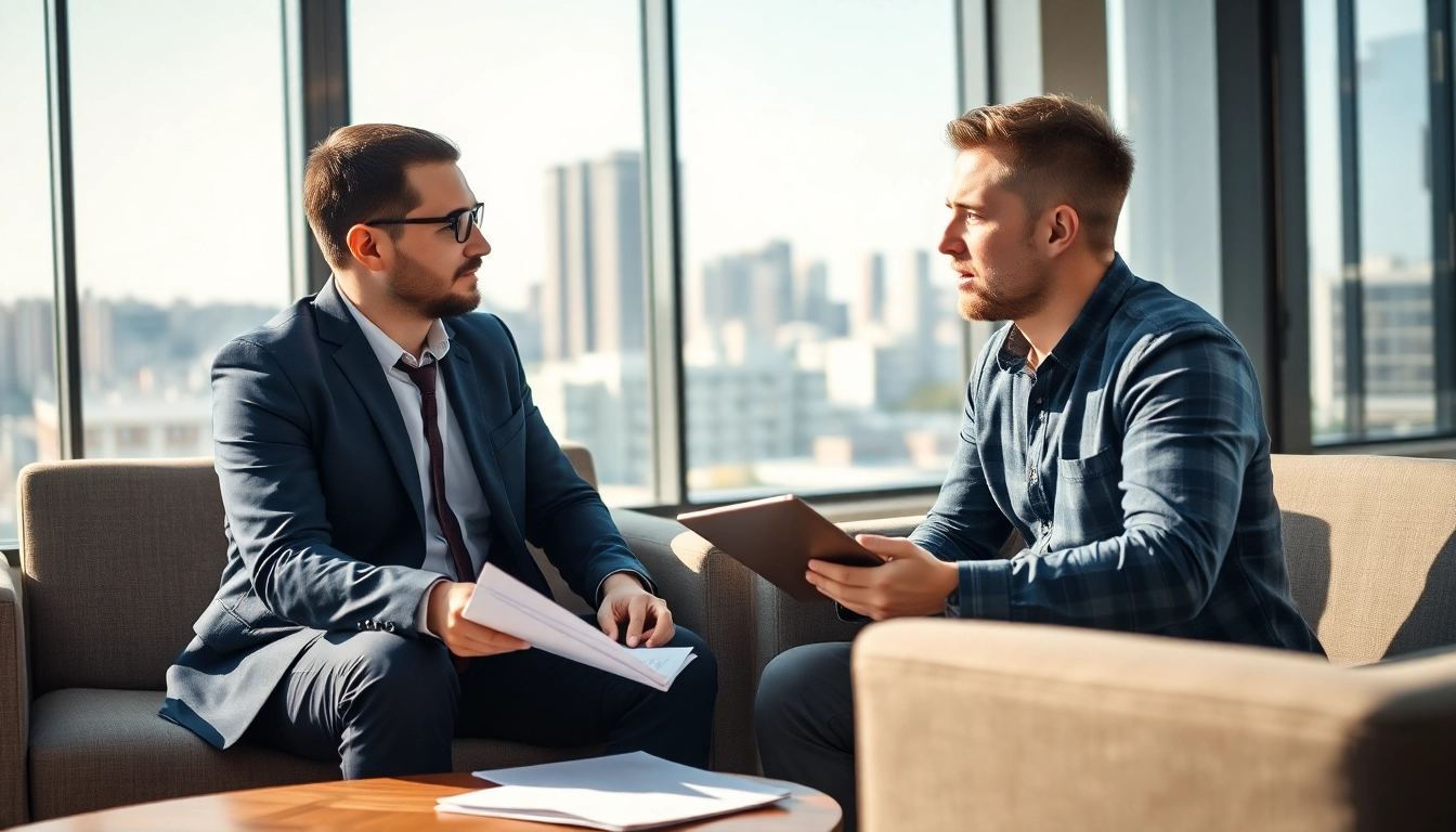 Headhunter Ingenieure im Gespräch mit einem Ingenieur in einem modernen Büro.