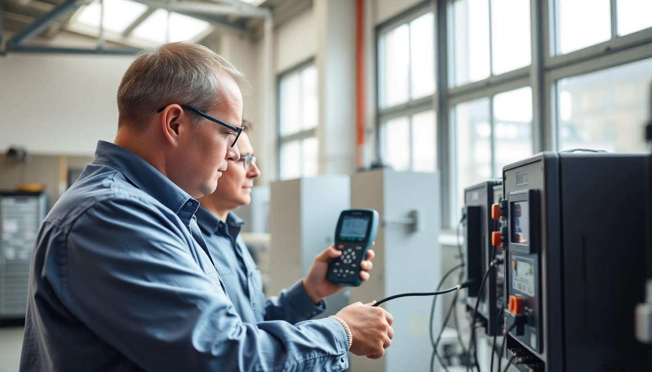Techniker führt die DGUV V3 Prüfung an elektrischen Geräten in einer Werkstatt durch und gewährleistet Sicherheit.