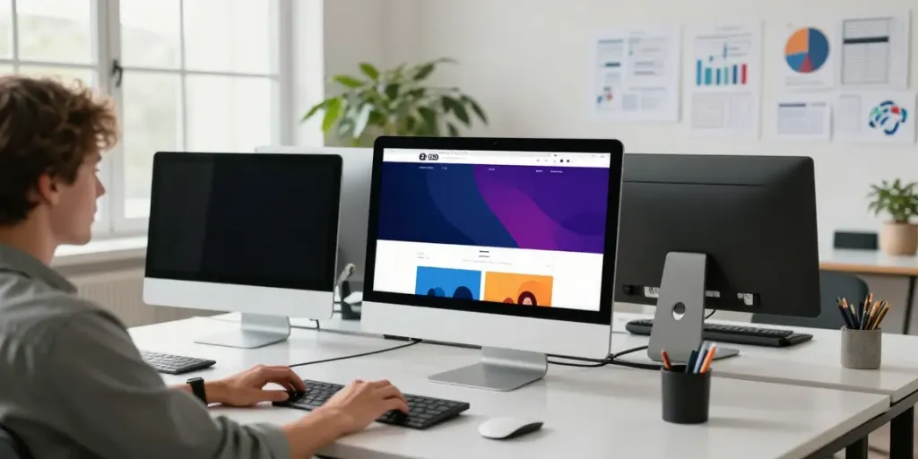 Webdesign Saarland: Kreativer Arbeitsbereich für modernes Webdesign mit Designern, Computern und Pflanzen.