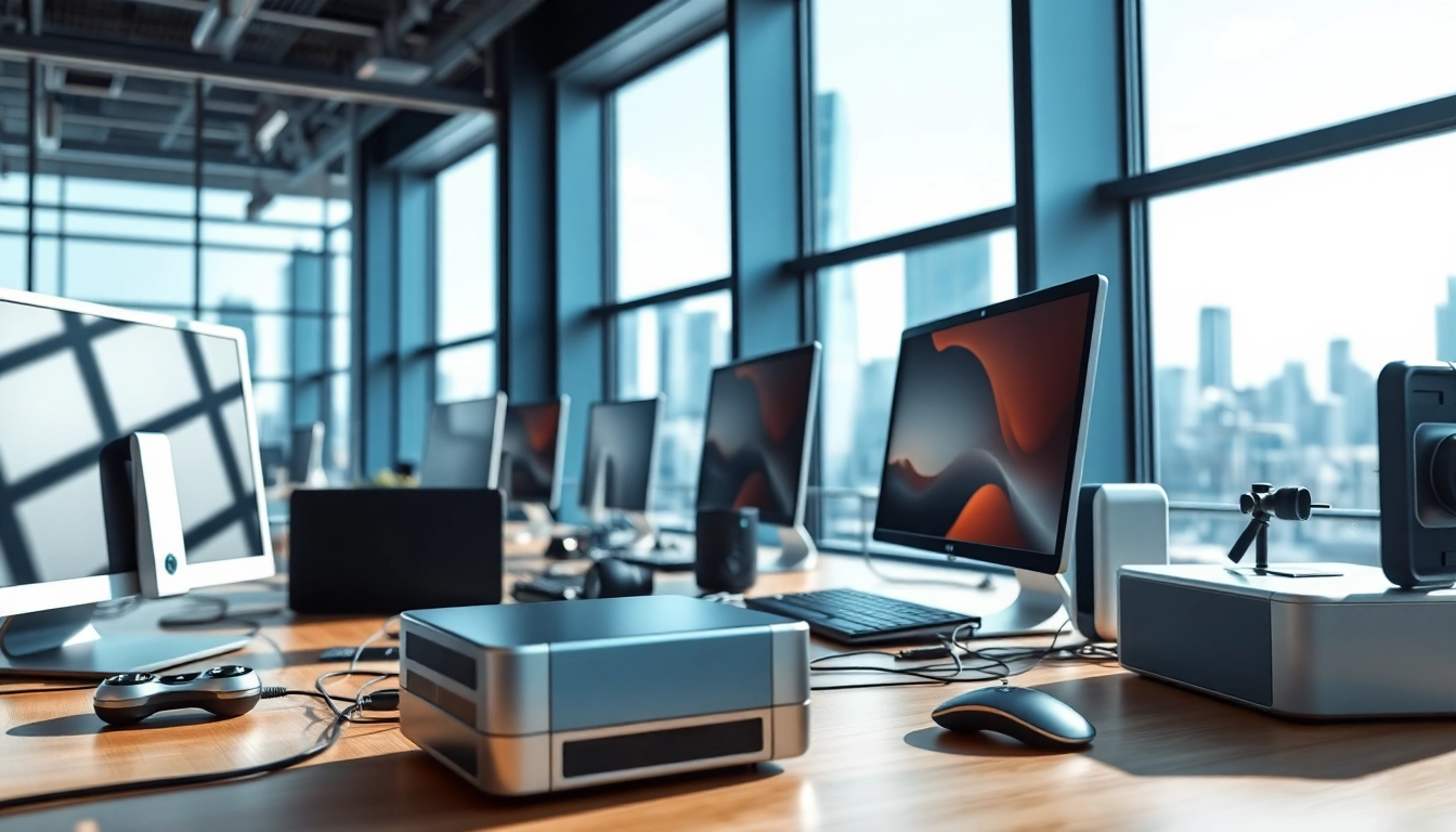 Technologie zeigt innovative Geräte in einem modernen Büro mit tollem Stadtblick.