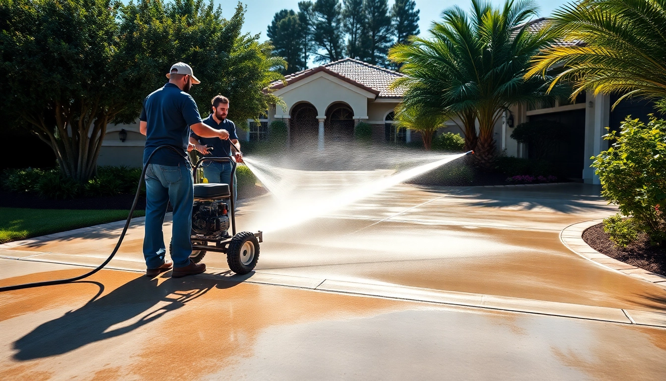 Driveway pressure wash in action, showcasing a professional team cleaning a concrete driveway in Kissimmee, Florida.