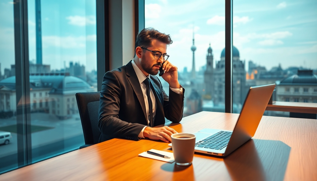 Headhunter Berlin bei der Arbeit in einem modernen Büro mit Skyline-Ausblick.