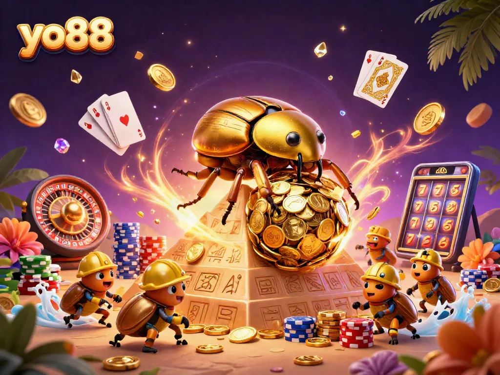 Experience excitement with yo88, featuring a golden beetle rolling coins in a vibrant casino scene.