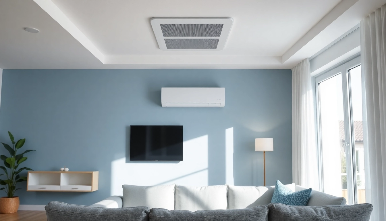Klimaanlagen im eleganten Wohnzimmer-Setup, das modernes Design und kühle Farben kombiniert.