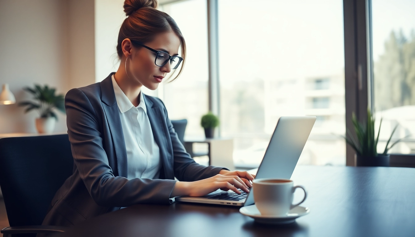 Headhunterin im Büro bei der Suche nach hochqualifizierten Kandidaten mit Laptop und Kaffeetasse.