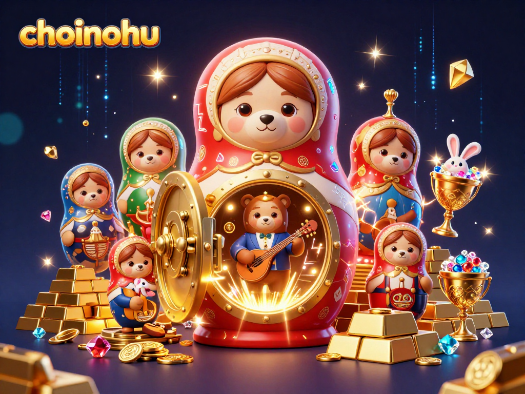 Choinohu casino scene featuring animated bears with dealer outfits, gold treasures, and glowing effects.