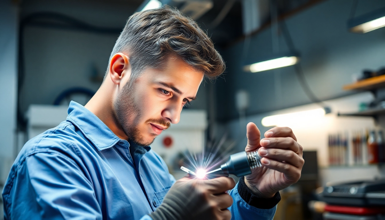 Dellenreparatur München (PDR) in einer modernen Werkstatt mit einem Mechaniker, der eine Delle bearbeitet.