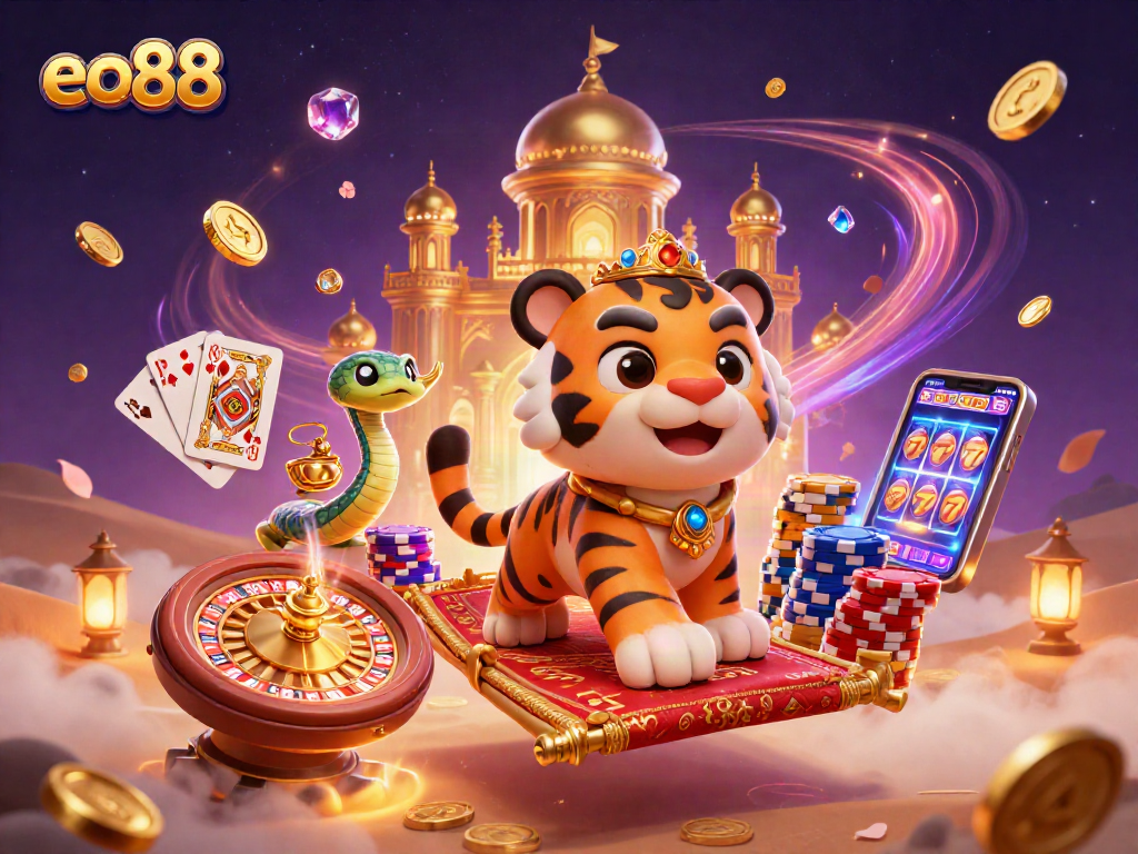 eo88 showcases a vibrant 3D casino scene with a tiger sultan and magical elements.