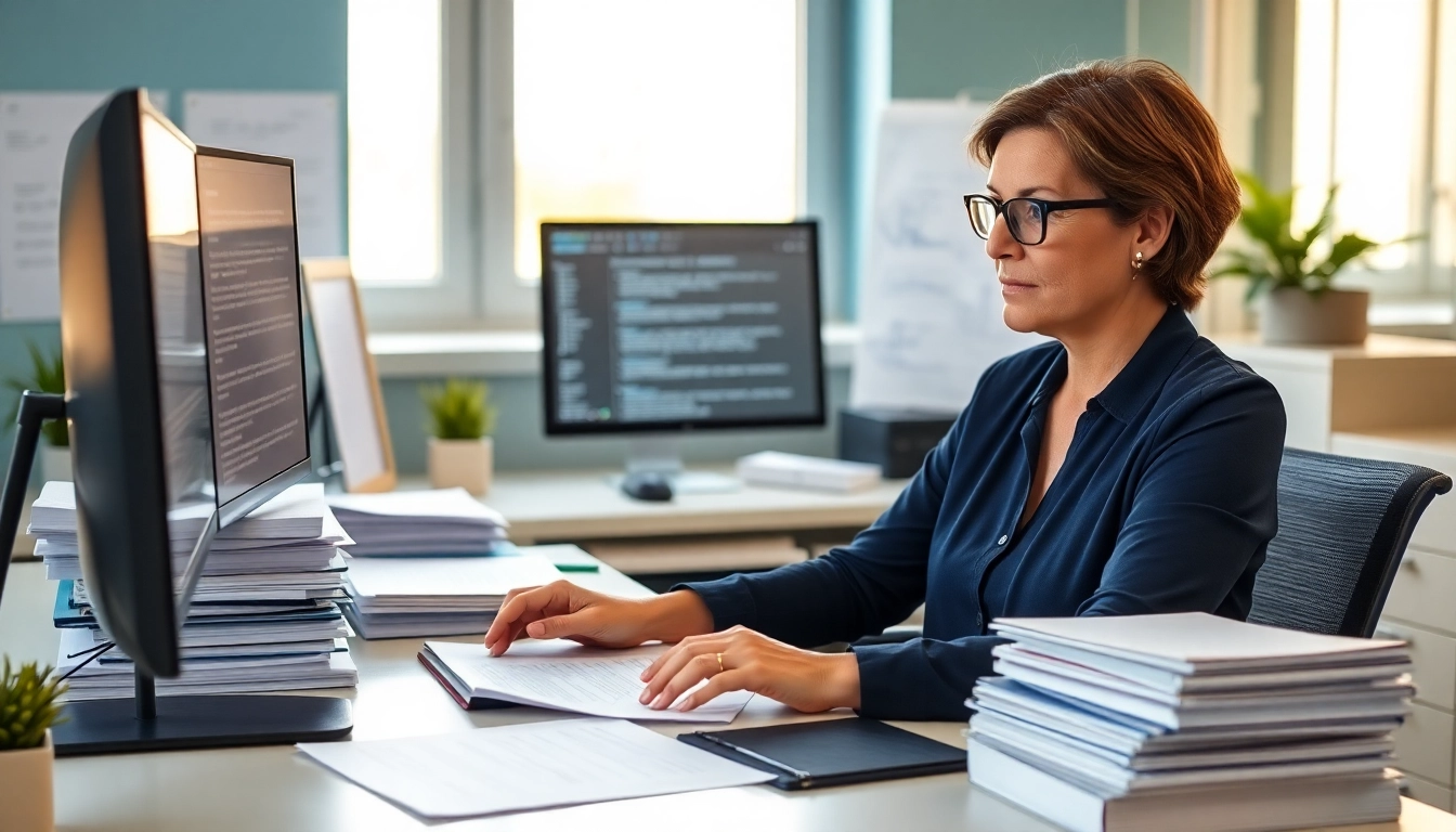 Professioneller beglaubigter Übersetzer bei der Arbeit, der beglaubigte Übersetzungsdienstleistungen (Beglaubigte Übersetzer) mit Dokumenten und Werkzeugen präsentiert.
