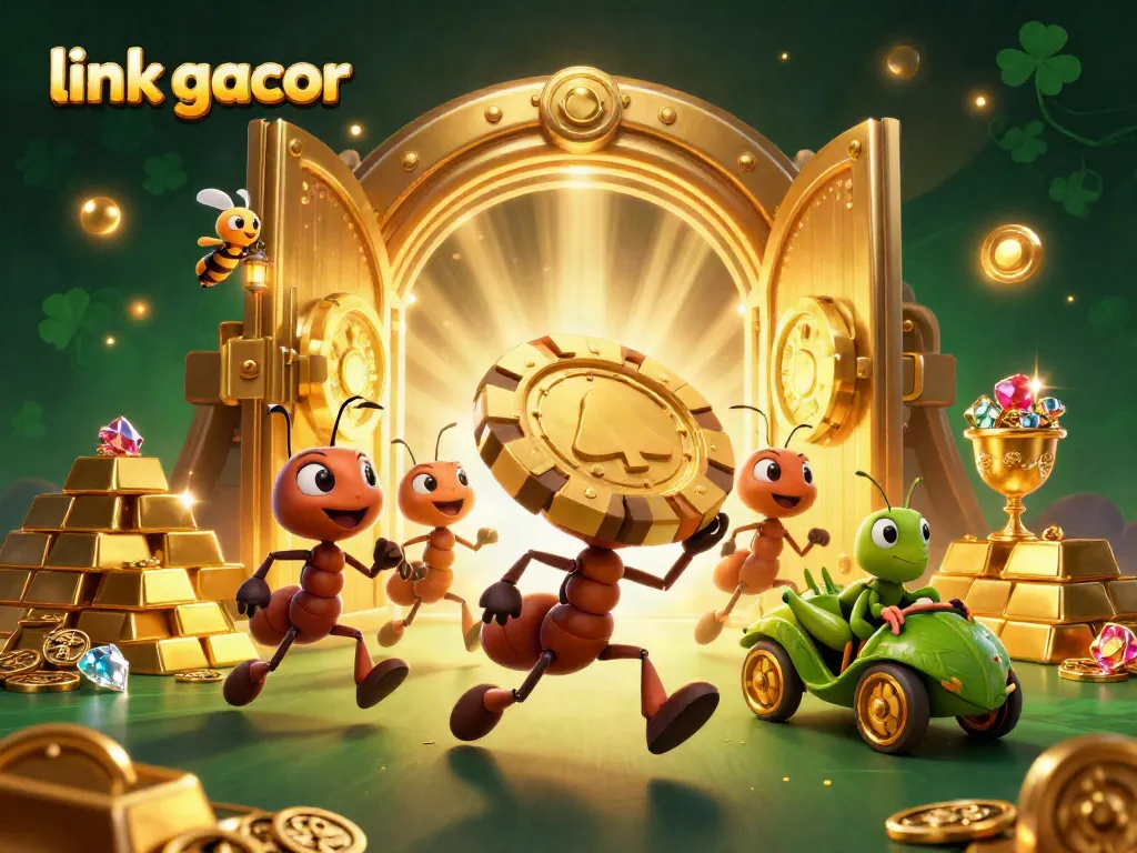 Experience the excitement of link gacor with playful ants heisting a giant poker chip amidst treasure and gems.