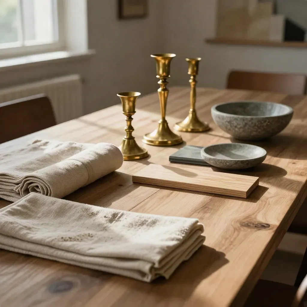 Linen, Messingkerzenhalter, Eichenproben und Steinschale auf einem Event-Tisch im warmen Licht.