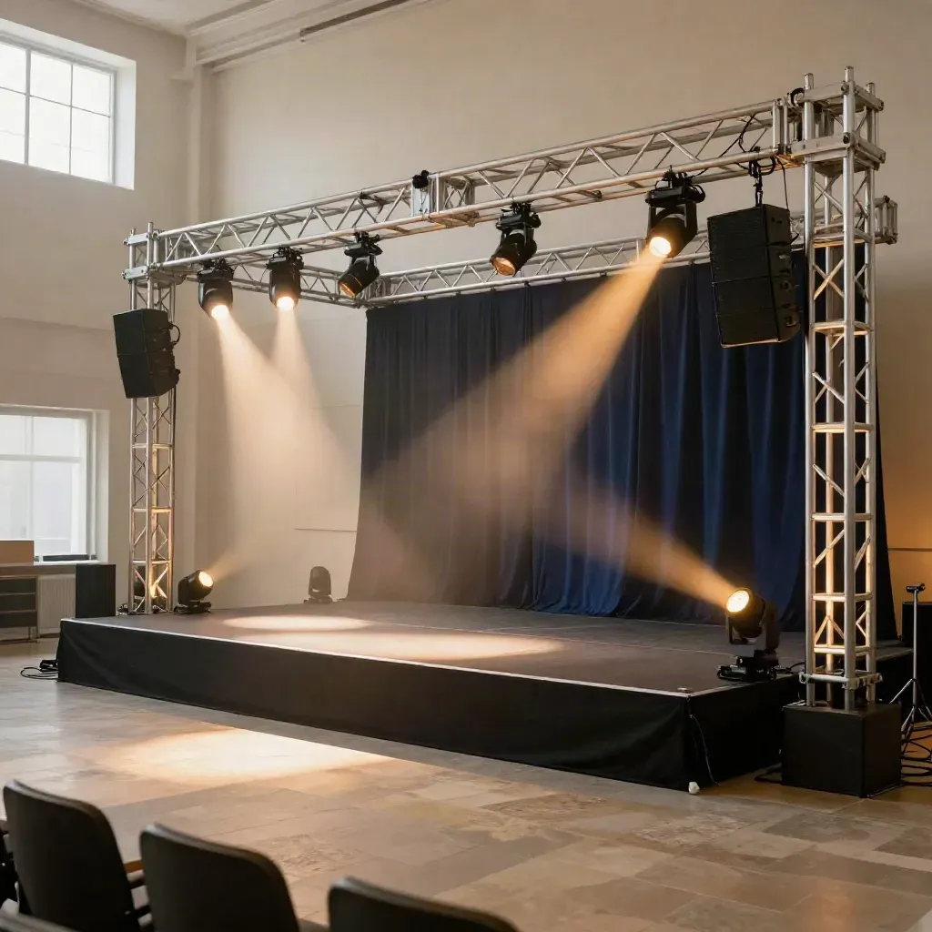 Leere Eventbühne mit Lichttechnik, warmem Schein und Nebel im Saal