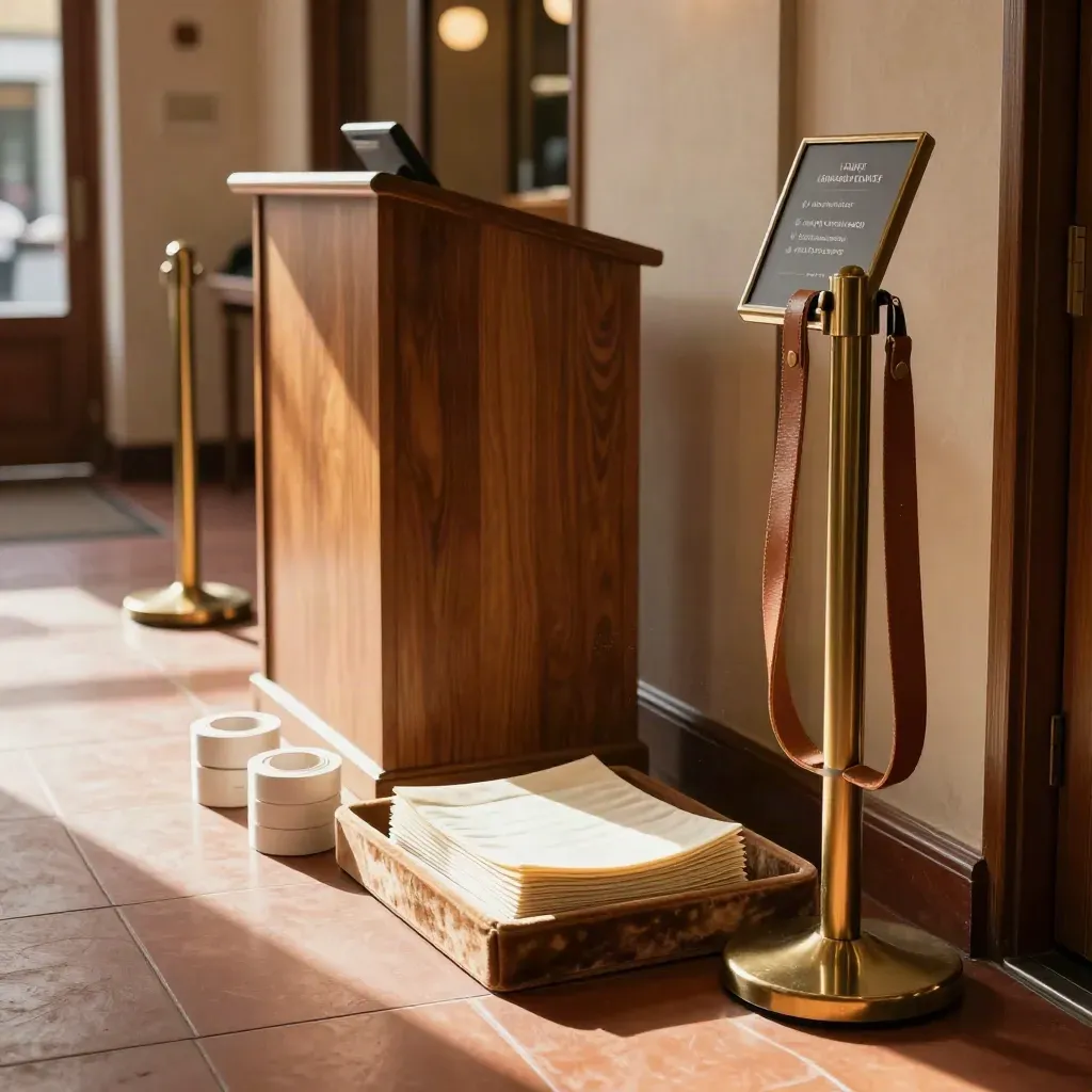 Gäste-Management mit Check-in-Podium, Absperrpfosten und Eintritts-Set im warmen Licht
