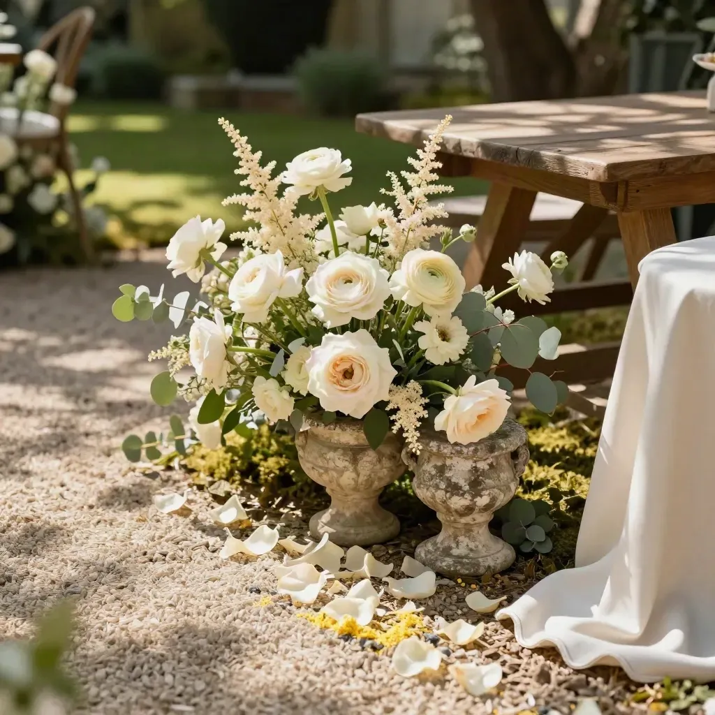 Nahaufnahme eines Hochzeitsbogens mit Rosen, Cremestühlen und Steinurne im Spätsommerlicht