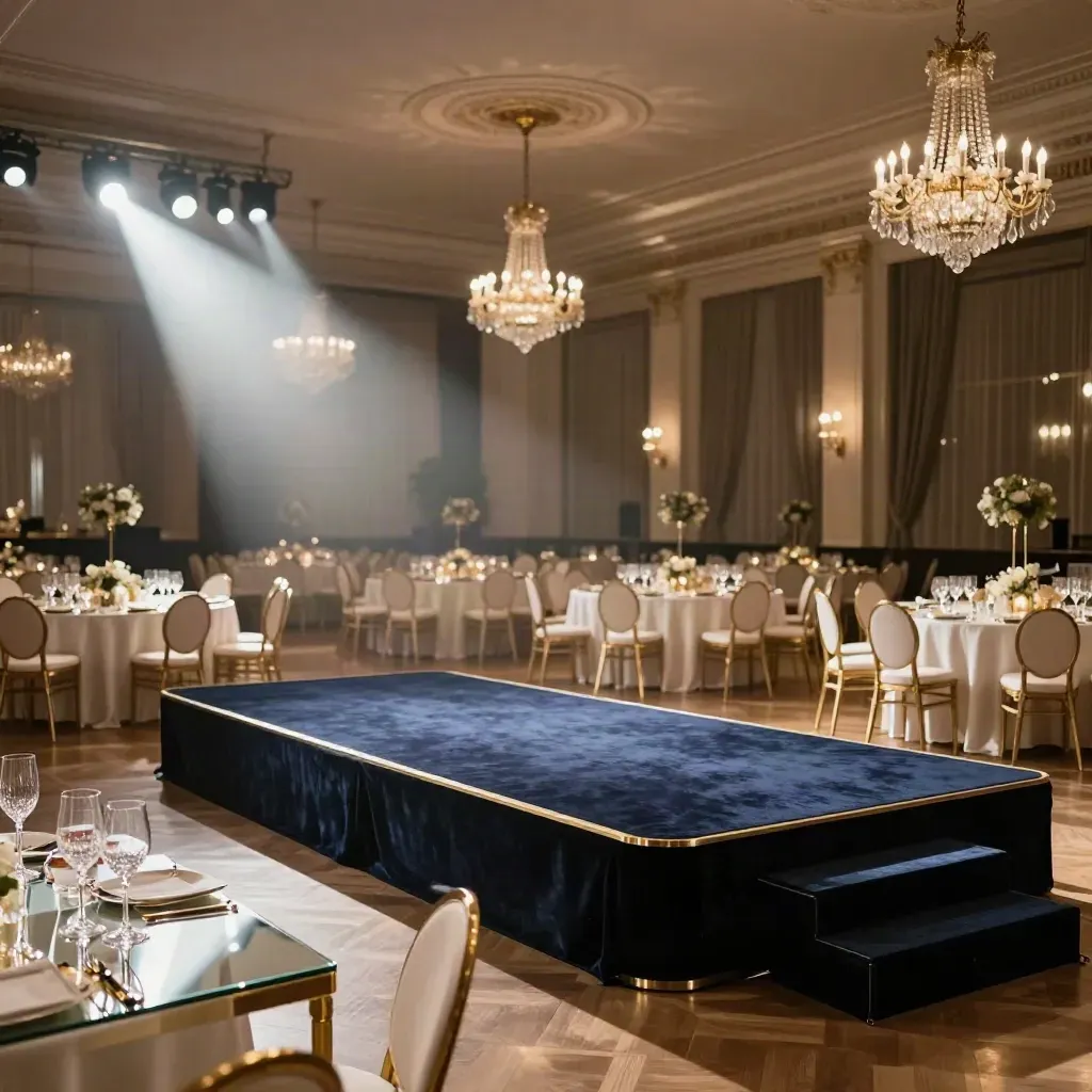 Leerer Gala-Ballsaal mit Bühne, Kristallgläsern und Sitzreihen im Abendlicht