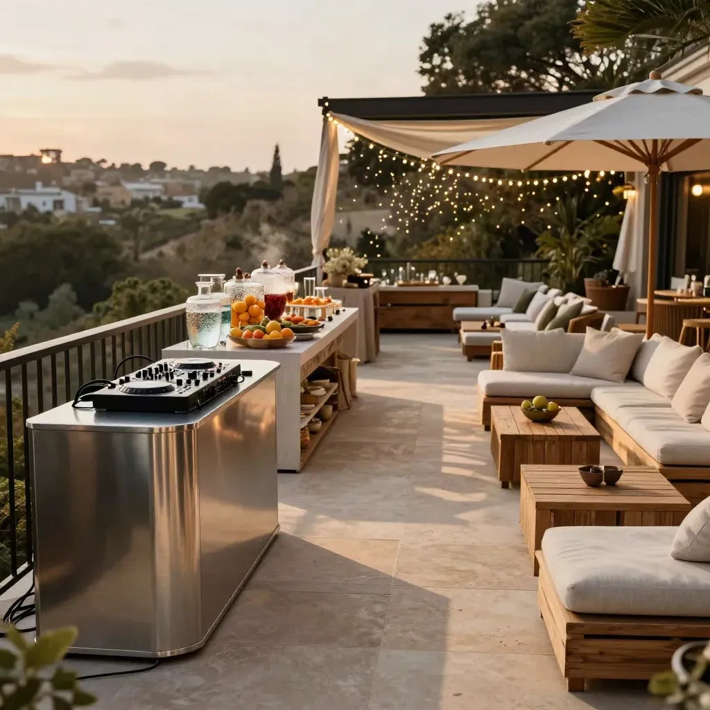 Leere Sommerterrasse für ein Team-Event mit DJ, Buffet und Lounge im Abendlicht