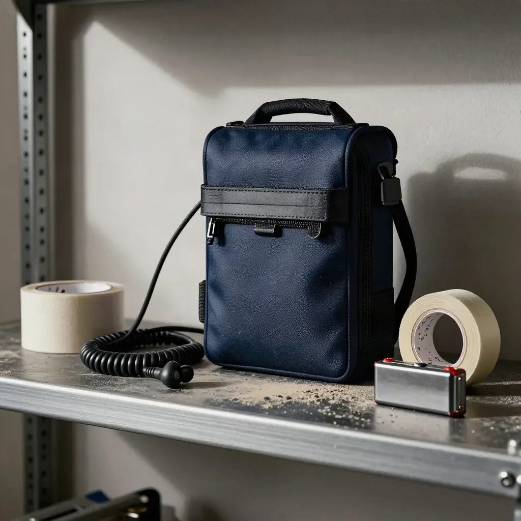 Funkgeräte-Ausrüstung auf dunklem Regal mit Kabel, Tape und Batterien