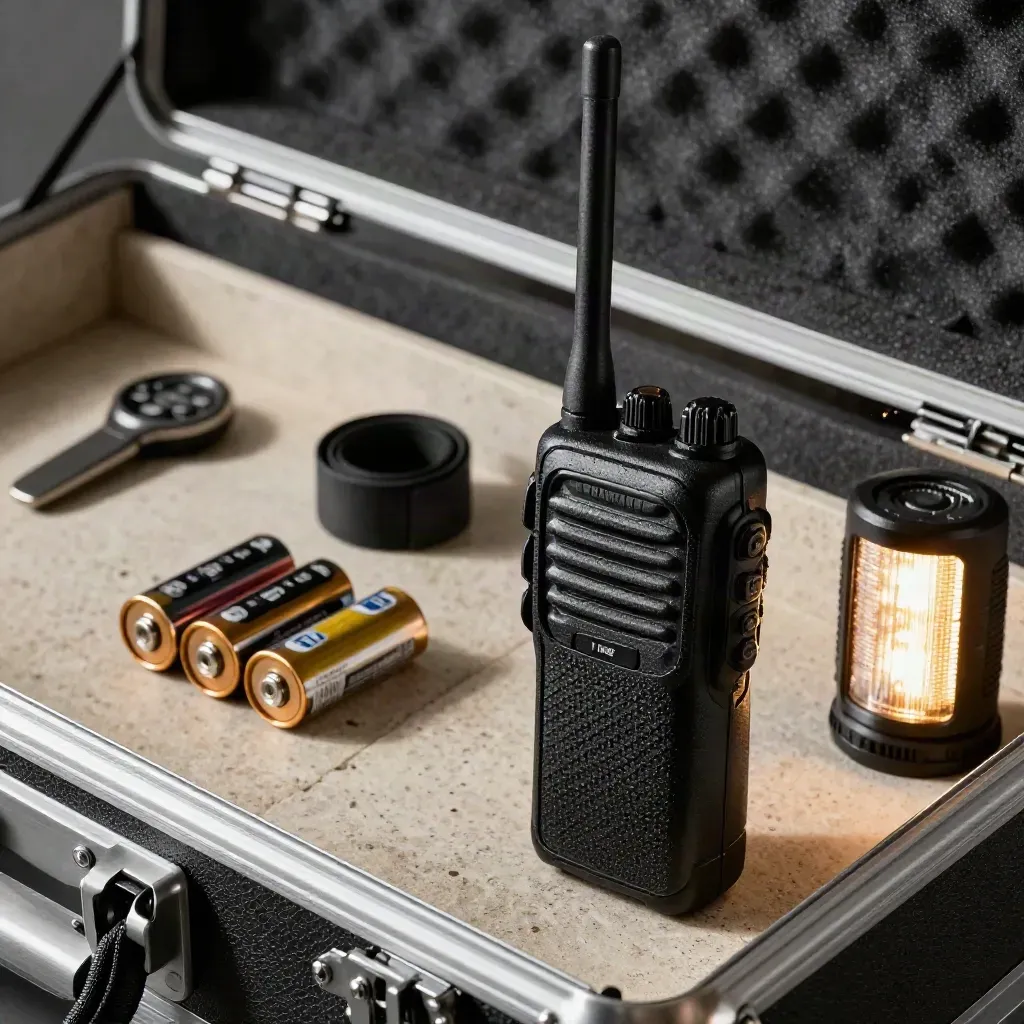 Funkgerät, Batterien, Bänder und Cue-Licht auf einer Steinablage im Flightcase.
