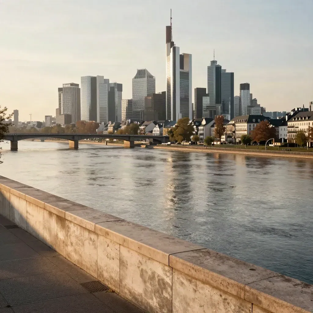 Frankfurter Skyline mit Main und Brücken im warmen Dunst über ruhiger Steinfläche